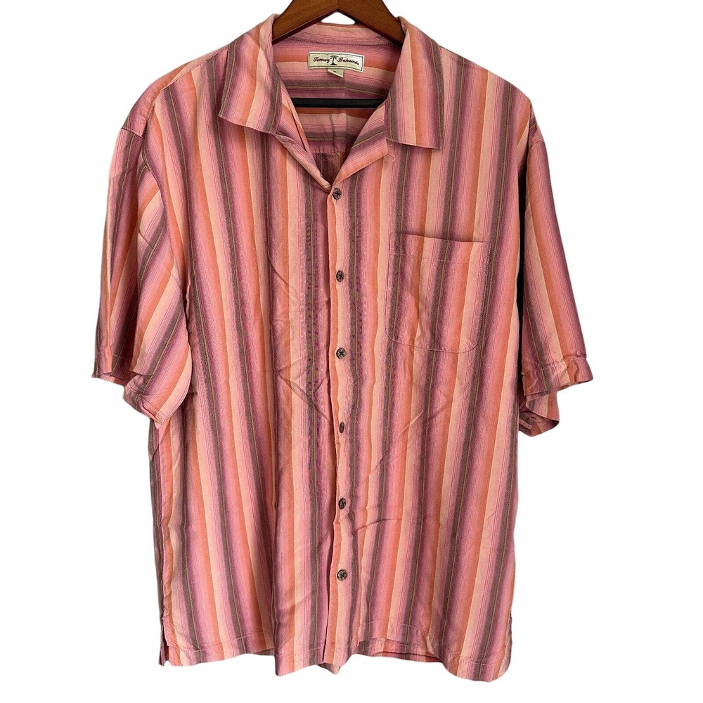 Tommy Bahama 100% Silk Hawaiian Shirt Pink Stripes Button Up Resort Men's XL
